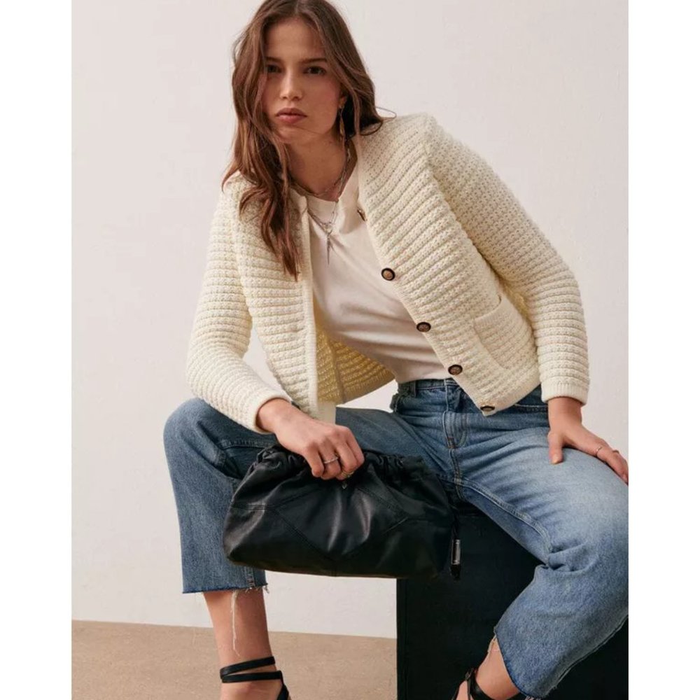 NWOT Ba&sh Gaspard Knitted Cardigan in White Long Sleeves Cotton Button Pockets